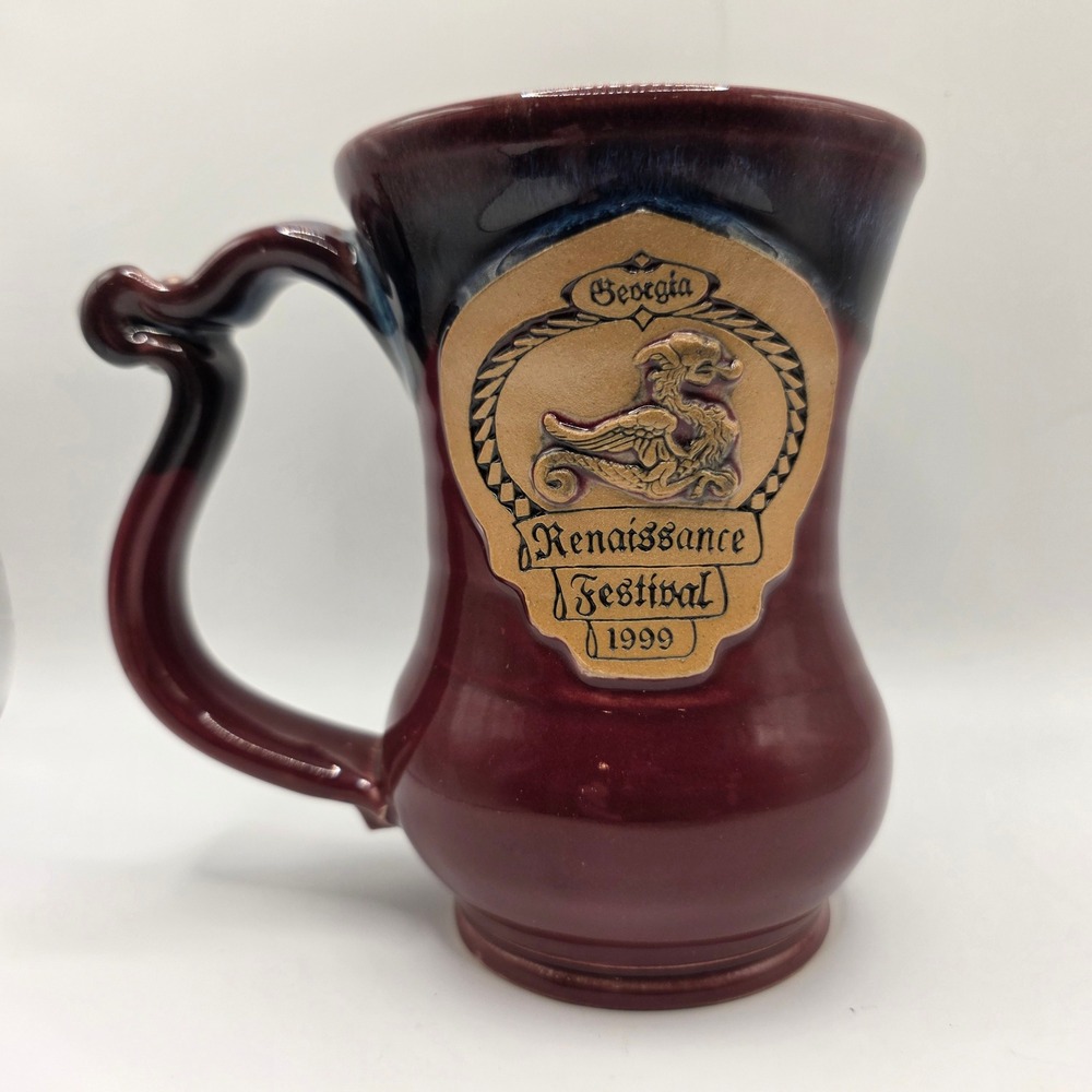 Banner Pottery Georgia Renaissance Festival 1999 Mug Wine Blue Griffin Tankard‎